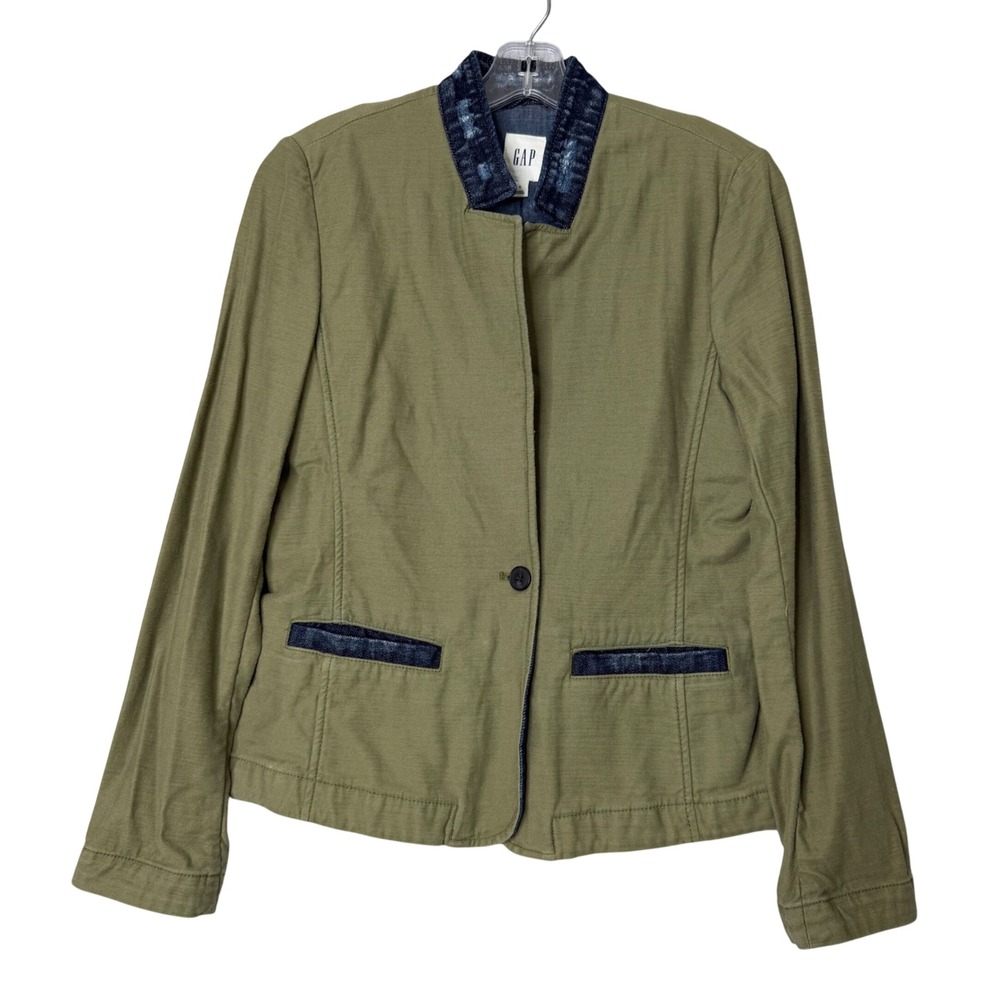 Gap Twill Denim Combo Blazer Womens S Green Blue Distressed Combat Unstructured